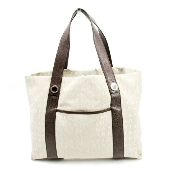 BVLGARI tote bag logo mania beige canvas �~ leather Auth used T17186